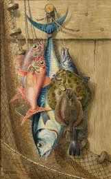 Jacques CARTIER. ''Nature morte aux poissons de mer''. Aquarelle sur papier signée...