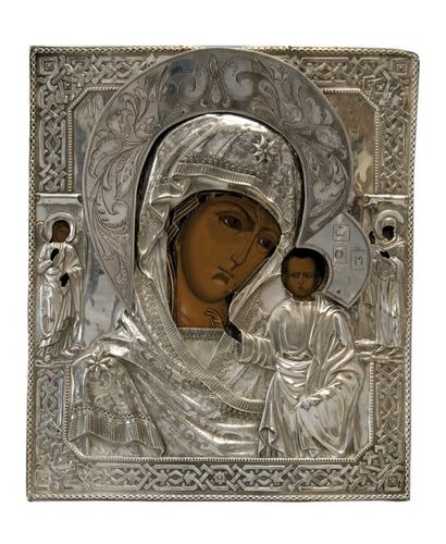 null Icône sur bois « Vierge à l'enfant», monture « riza » en argent. Beau modèle....