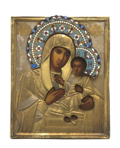 null Icône sur bois représentant « Vierge à l'enfant », monture en métal doré, avec...