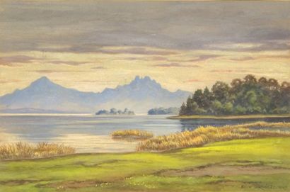 TARNOCZY Eugène von, (1886-1978) Au bord d'un lac. Aquarelle signée en bas à droite,...