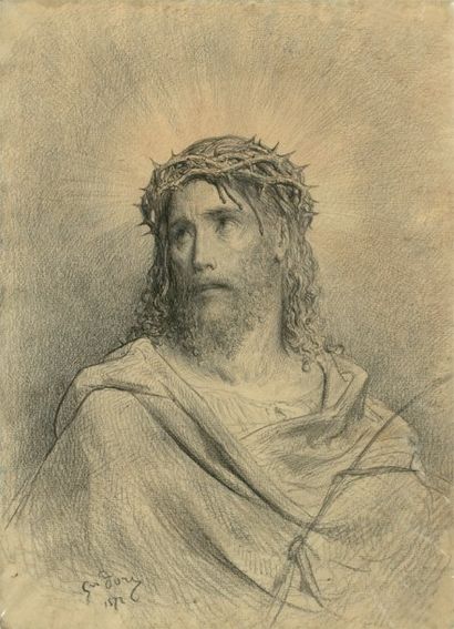 DORE Gustave Jésus couronné d'épines, dessin original à la pierre noire, encre et...