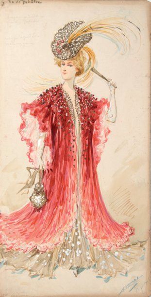 EDEL Alfredo Sortie de Théâtre, maquette de costume, gouache sur carton, légendée...