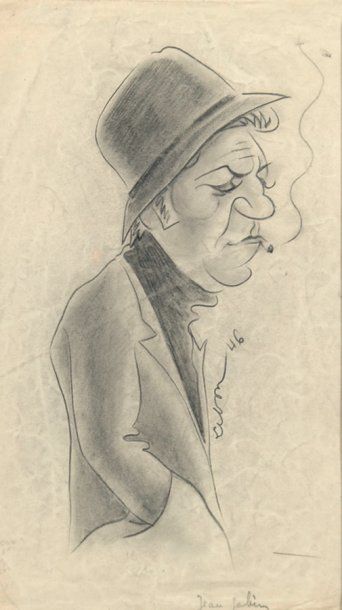 GABIN Jean 2 Portraits originaux du comédien, par LEBON : 1 crayon noir signé et...