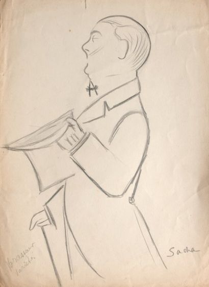 GUITRY Sacha Portrait du comédien Albert Brasseur , dessin original au crayon, signé...