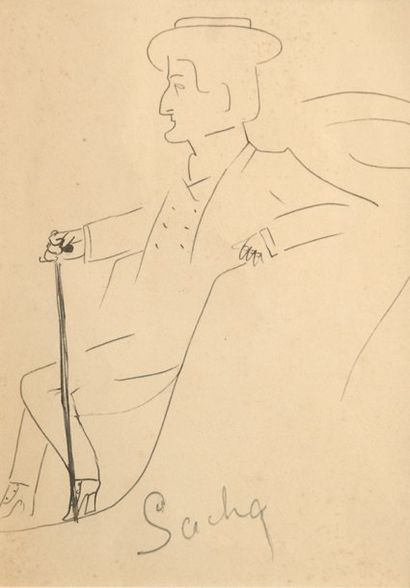 GUITRY Sacha Portrait de l'acteur Edouard De Max, dessin original au crayon, signé...
