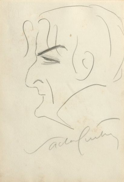 GUITRY Sacha Portrait d'Edouard De Max, dessin original au crayon. Belle signature...