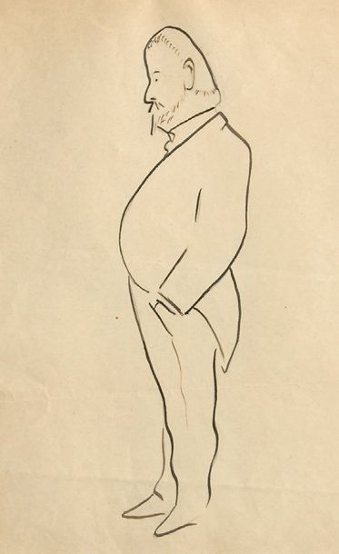 GUITRY Sacha Jules Renard, dessin original à l'encre de Chine. Encadré, à vue 17...