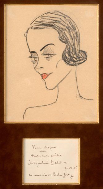 GUITRY Sacha Portrait de Jacqueline Delubac, dessin original aux crayon noir et crayon...