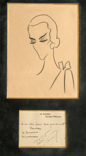 GUITRY Sacha Portrait de Jacqueline Delubac, dessin original au crayon gras. Encadré,...