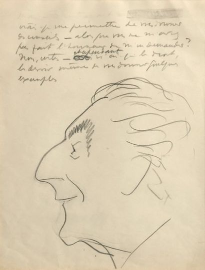 GUITRY Sacha Portrait d'homme, dessin original au crayon. Encadré, à vue 20 x 26....