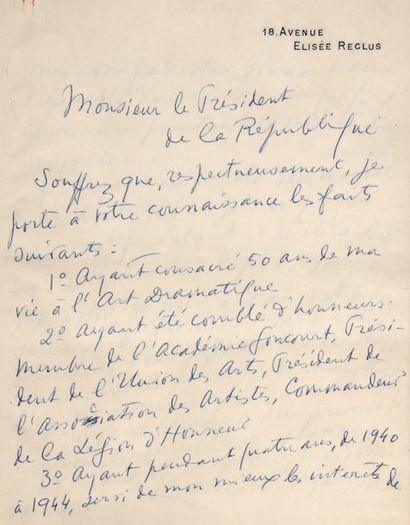 GUITRY Sacha Lettre au Président de la République, manuscrit autographe signé, 7...