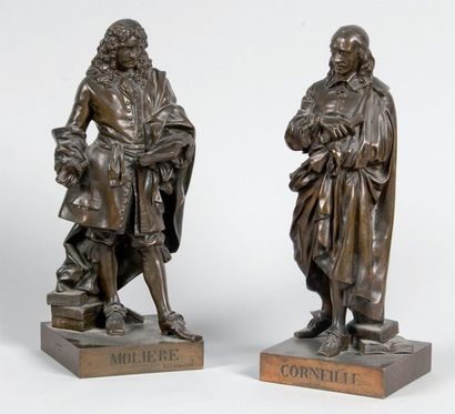 MOLIERE et CORNEILLE Paire de statues en bronze représentant les deux dramaturges...