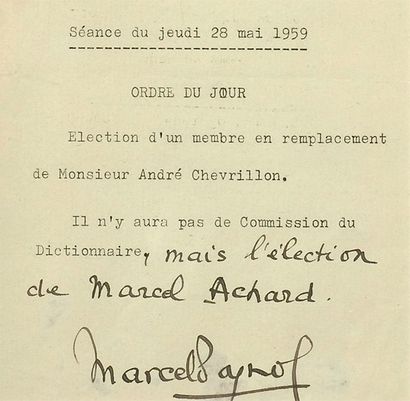 PAGNOL Marcel Bulletin de séance de l'Académie Française, 22 mai 1959, portant la...