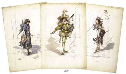 REVUE DE 1879 ( LA ) Ensemble de 7 très belles maquettes originales de costumes pour...