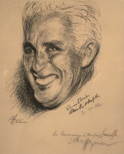CHAPLIN Charles Portrait original au crayon gras, réalisé par Léon HEYMANN et dédicacé...