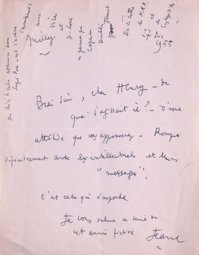 COCTEAU Jean Lettre autographe signée ( Jean ) à Henry de Montherlant. 1 page in-4....