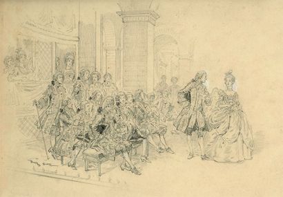 COMEDIE FRANCAISE Les Marquis sur la scène au XVIIIe siècle. Très fin dessin original...