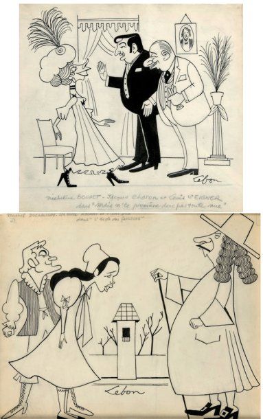 COMEDIE FRANCAISE Ensemble de 4 caricatures originales signées par LEBON, encre de...