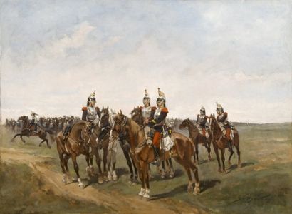null Hyon Georges-Louis (1855- XXX). Scène de hussards à cheval. Huile sur toile...