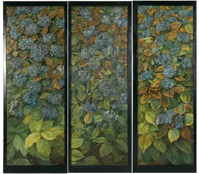 null Madeleine Lemaire (1845-1928) Rare paravent à trois feuilles orné d'Hortensias...