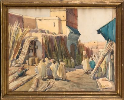 Elisabeth DANDELOT (1898 - 1995) Le souk aux roseaux à Marrakech Grande aquarelle...