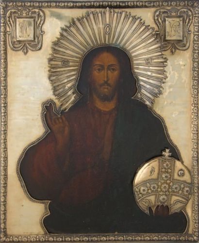 null Icône sur bois « Le Christ Pantocrator », avec sa riza en vermeil Poinçon titre...