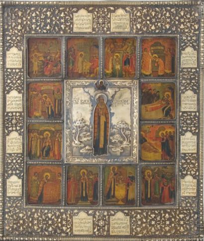 null Icône sur bois représentant « Saint Nicolas » entouré de 12 scènes de la vie...