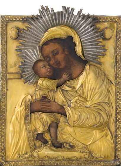 null Icône sur bois représentant « Vierge à l'enfant », monture en vermeil. Petit...