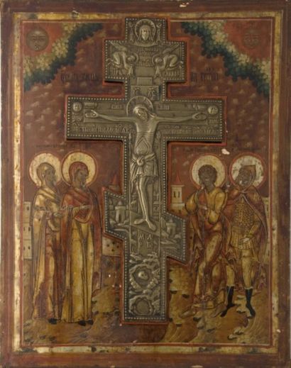 null Icône sur bois représentant « Sainte Marie et Saint Jean », entourant la croix...