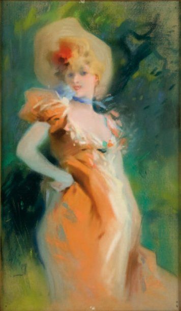 Jules CHERET (1836 - 1932) Elégante au chapeau. Pastel signé en bas à gauche. 40...
