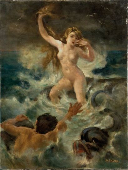 Adolphe LA LYRE (1850 -1935) Naïade et dauphin. Huile sur toile. 78 x 62,5 cm. Sans...