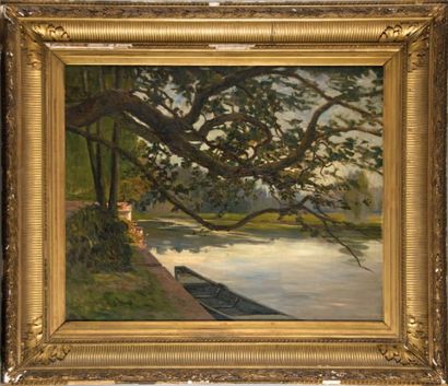 Antoine GUILLEMET (1843-1918) Barque au bord de l'eau. Huile sur toile signée en...