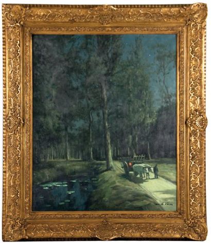 Maurice GRÜN (1869-1947) Charrette dans la nuit. Huile sur toile signée en bas à...