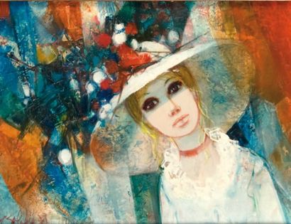 Jean Baptiste VALADIER (né en 1933) Le chapeau à fleurs. Huile sur toile contresigné,...