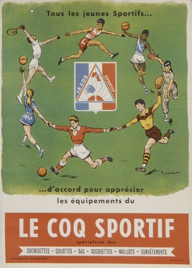 null Affiche. 'Le Coq Sportif' représentant différentes disciplines sportives. Illustration...