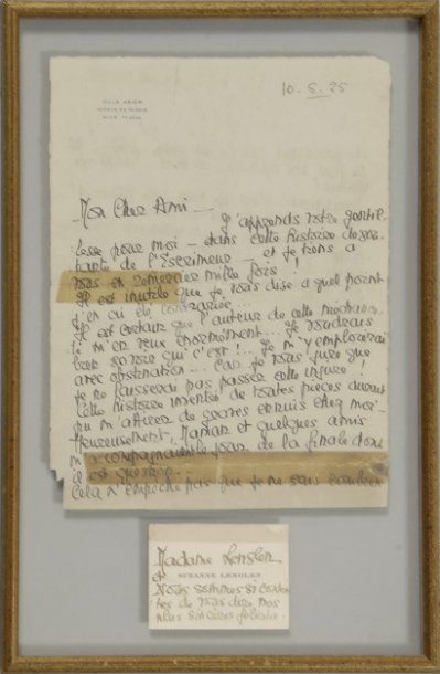 null Belle lettre de Suzanne Lenglen du 10 Mai 1925. Une feuille à l'entÍte de la...