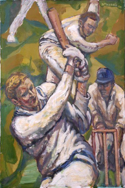 null Huile sur panneau 'La partie de cricket'. Signée Dino Mazzoli (1935), peintre...