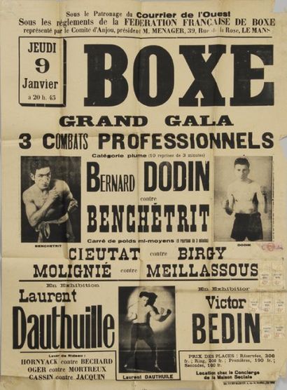 null Affiche de combats de boxe avec Dodin contre Victor Bedin au Mans. Années 1940....