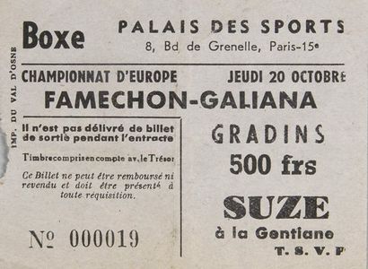 null Billet du championnat d'Europe entre Famechon et Galliana le 20 octobre 1955...
