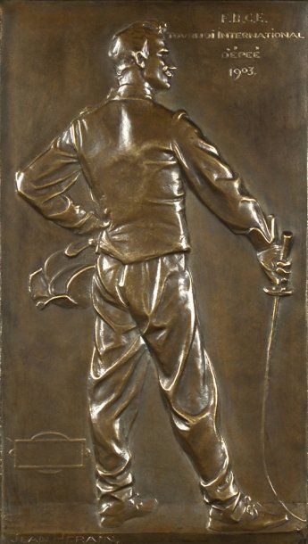 null Bas relief en bronze. 'Tournoi International d'épée de 1903'. Signé Jean Herain....