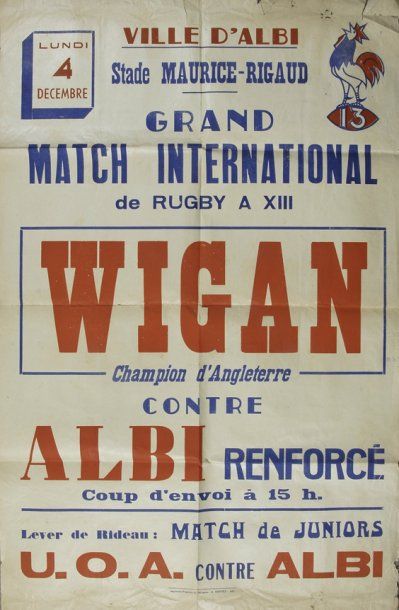 null Affiche du match de rugby à XIII entre Wigan (Champion d'Angleterre) et Albi....