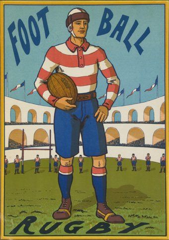 null Affichette de boete de jeux. Illustration de football rugby. Circa 1920. Dim....