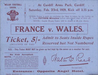 null Lot de 4 billets de match entre la France et le Pays de Galles en 1925, 1929...