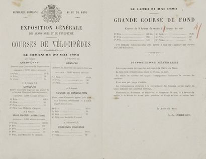 null Programme des courses de vélocipèdes des 30 et 31 mai 1880 au Mans. Format 20...