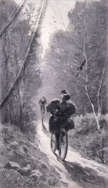 null Gravure originale 'Promenade à vélo'. Vers 1890. Signée Gaston Rodriguez. Né...