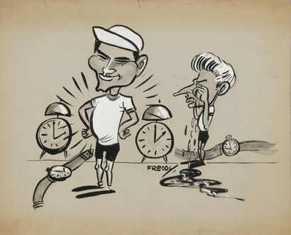 null Dessinoriginal de presse 'Poulidor et Anquetil' signé Freddy. Dim. 36 x 46 cm....