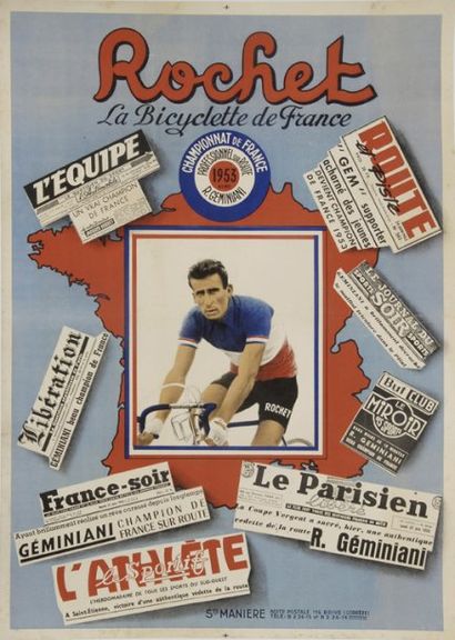 null Affiche commémorative. 'Cycle Rochet'. Raphael Geminiani Champion de France...