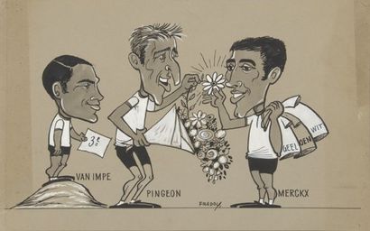 null Dessin original de presse. Van Impe, Pingeon et Merckx par le dessinateur belge...