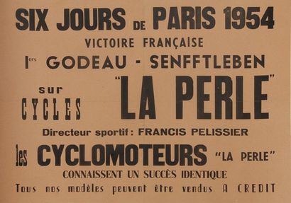 null Affiche 'Six Jours de Paris 1954'. Vainqueur Godeau-Senfftleben. Dim. 42 x 56...