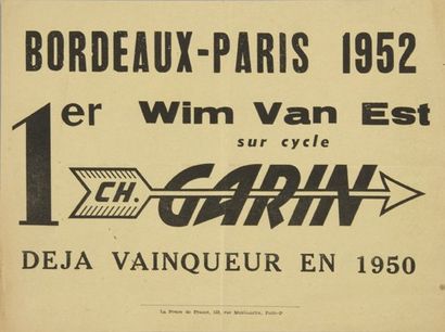 null Affichette pour la victoire de Wim Van Est dans Bordeaux-Paris 1952 sur cycle...